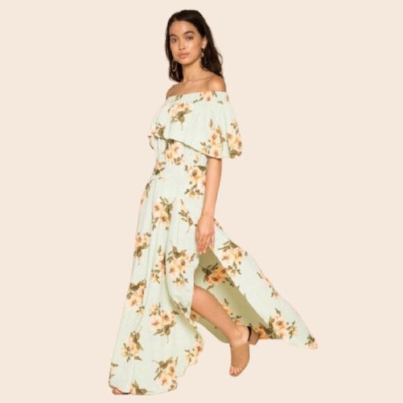 Flynn Skye Mint Gatherings Miranda Off Shoulder Maxi Dress Size Medium - Picture 1 of 16